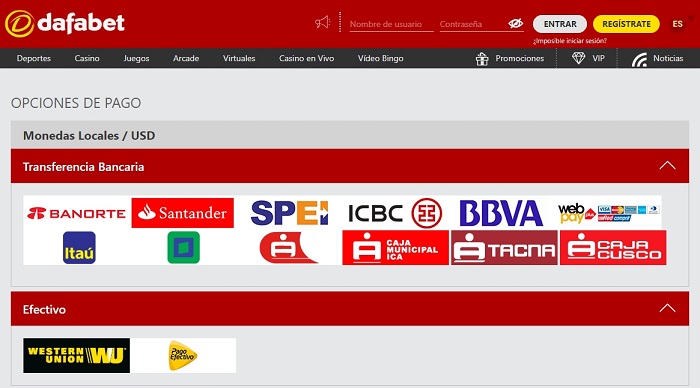 Métodos de pagos en Dafabet